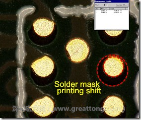 電路板BGA下面的防焊層印刷偏移，造成焊墊大小不一致。