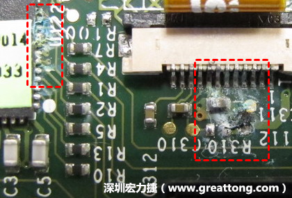 電路板疑似腐蝕氧化，懷疑電流異常過(guò)熱造成