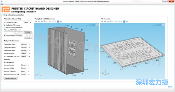 電鍍App允許PCB板設(shè)計(jì)人員導(dǎo)入不同的設(shè)計(jì)(包含或不含虛置圖形)，點(diǎn)擊計(jì)算，然后就能查看所仿真的厚度均勻性-深圳宏力捷