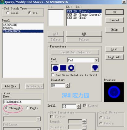 分析文件完成后，點擊菜單Setup→Pad Stacks調(diào)出焊盤堆設(shè)置窗口，將Pad Stack Type改為Via