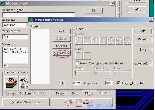 當Gerber和鉆孔都設置完后，選擇一貼片元件較多的層（一般為Top層），點擊Device SetupPhoto，將 Plotter Setup窗口D-Code欄原有的D碼刪除并按Regenerate重新生成
