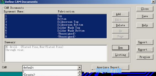 回到Dsfine CAM Documents窗口 ，將所有須輸出的文件用鼠標拉住選擇，按Run輸出，默認輸出路徑是安裝目錄的\CAM\default，也可按CAM的Create更改