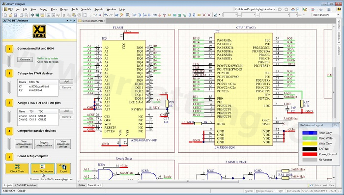 XJTAG DFT Assistant的Access Viewer模式可以清楚地顯示可用的測試存取層級，讓電路板設(shè)計人員在展開PCB布局以前的原理圖擷取階段盡可能地提高測試存取能力