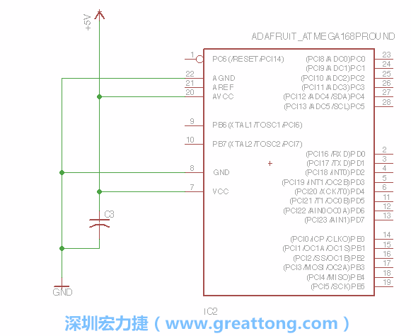 3.1.    新增微控制器晶片（RBBB → ATmega），把它放在電路原理圖的中央附近，把它的兩個(gè)接地接頭連接到接地訊號(hào)端。