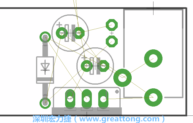 如同第一篇的步驟，我們將從電源迴路開始著手，移動電源插座（Power Jack）、電壓調(diào)整器、二極體、兩個電容和輔助接頭JP1到如上圖所示的位置。