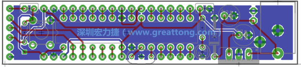 第二篇文章則帶領(lǐng)你進(jìn)行電路板上的布線、連結(jié)點的配置，并利用「設(shè)計規(guī)則檢查（Design Rule Check）」測試你的設(shè)計，第二篇文章的電路板設(shè)計圖將如下所示：