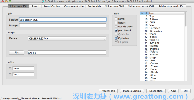 假如你有匯入點陣圖圖層（抑或是有某個圖層是你不想要它們出現(xiàn)在絲印上的），請再次確認(rèn)標(biāo)簽列下面被指定的圖層都是正確無誤的。