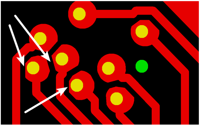 按源文件文件數(shù)據(jù)計(jì)算，孔邊緣到線邊緣6mil，孔環(huán)4mil，環(huán)到線只有2mil，保證環(huán)到線之間有3mil的安全間距需削1mil焊環(huán)，削后焊盤只有3mil
