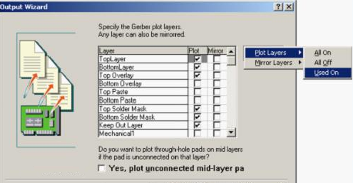按“Next”，點(diǎn)擊“Menu”將Plot Layers置為Used On，Mirror Layers置為All Off后按“Next”
